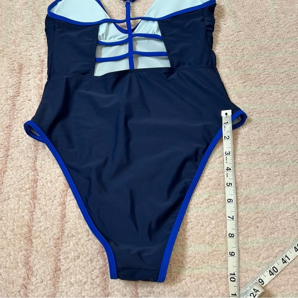 NWT Cupshe Navy One Piece Swimsuit Low Front High Hip Cage Back Size Medium - Picture 12 of 13